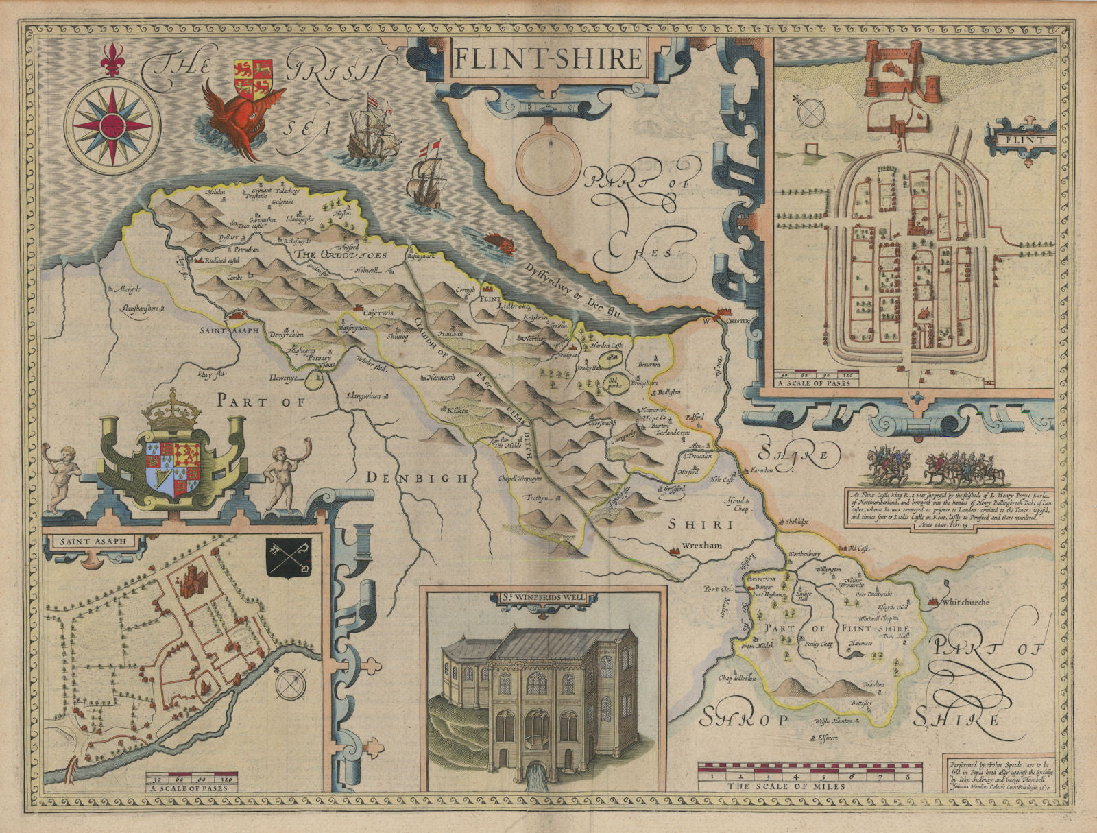 Flintshire county map by John Speed. Sudbury & George Humble edition c1627